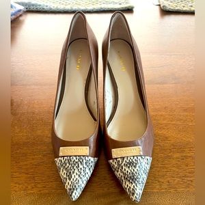 Coach heels; tan with snake tips